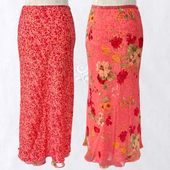 Dresses & Skirts - Early 2000's Pink Orange Red Flower Floral Fairy Reversible Mesh Maxi Skirt S M